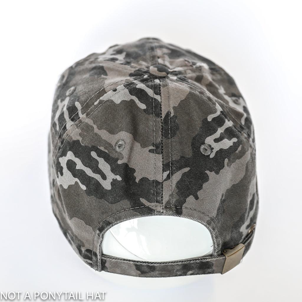 solid grey camo classic baseball hat with skulls and barbells text