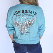 blue long sleeve crop tee with wing design