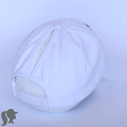 solid white ponytail hat with skulls and barbells text