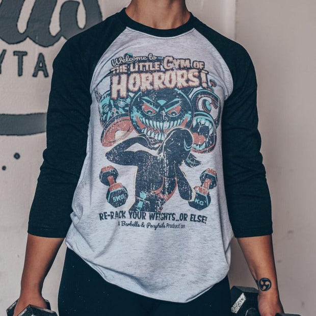 "Little Gym Of Horrors" 3/4 Sleeve Tee - Barbells & Ponytails