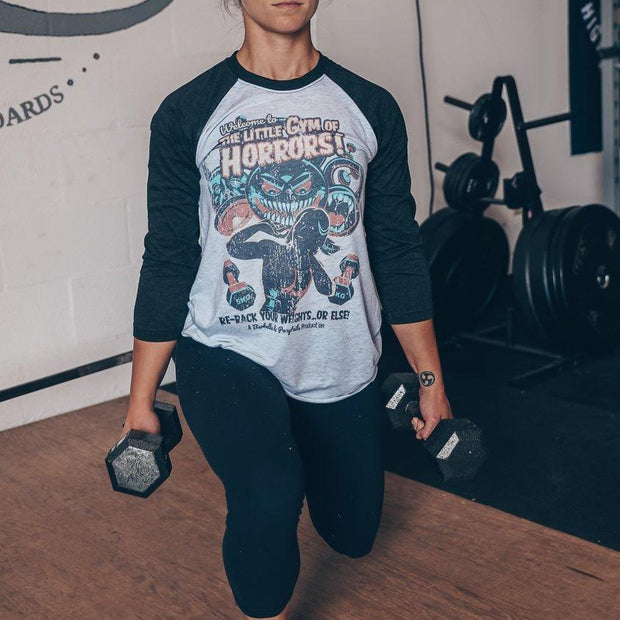 "Little Gym Of Horrors" 3/4 Sleeve Tee - Barbells & Ponytails