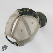 camo mesh ponytail hat with barbells and ponytails text