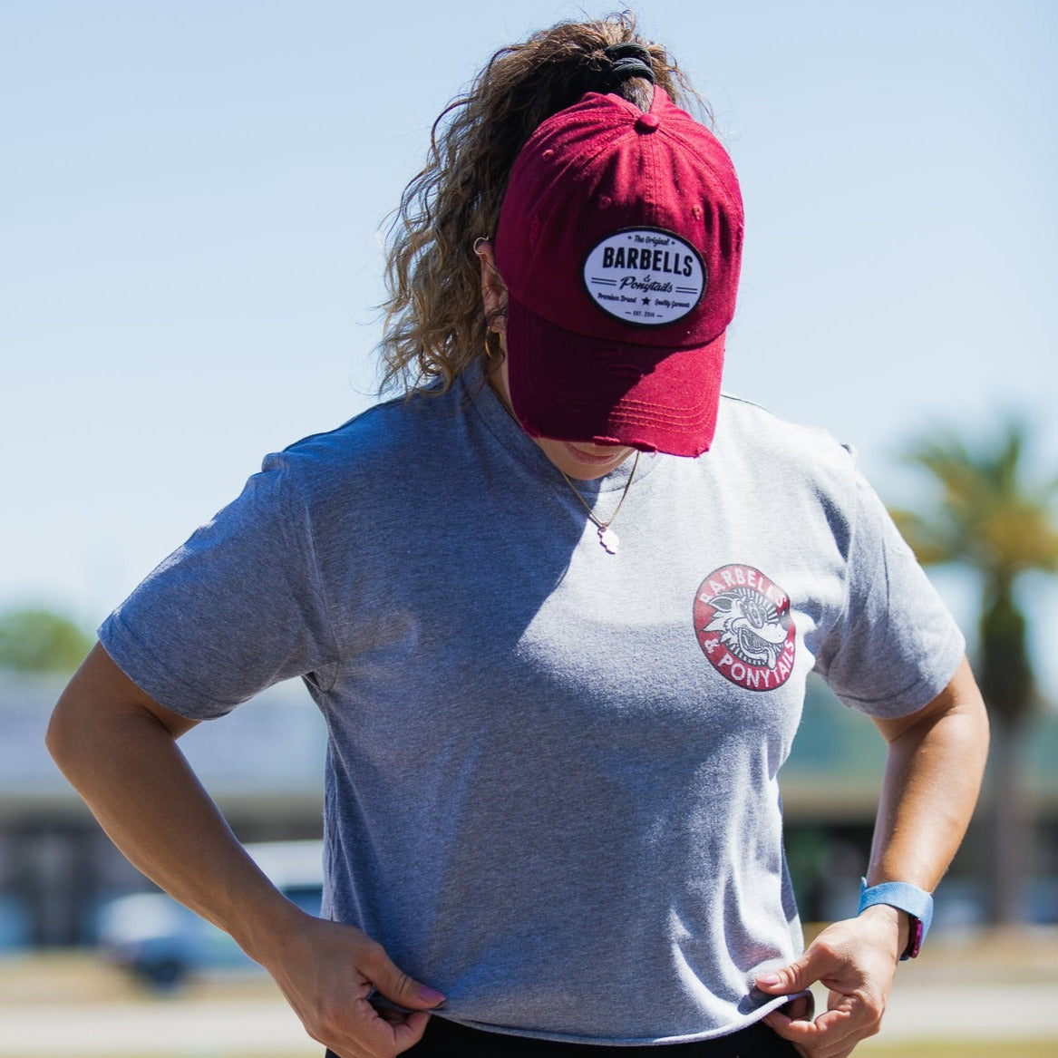 grey crop tee with maroon and black wolf design