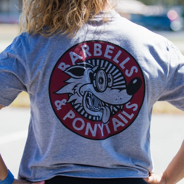 grey crop tee with maroon and black wolf design