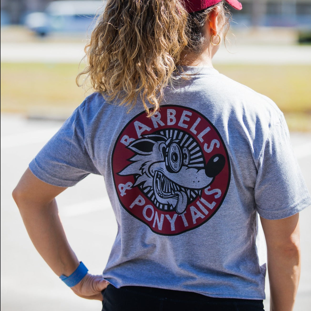 grey crop tee with maroon and black wolf design