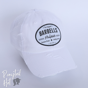 white mesh ponytail hat with barbells and ponytails text