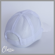 white mesh snapback hat with barbells and ponytails text