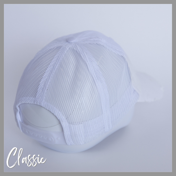 white mesh snapback hat with barbells and ponytails text