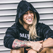black camo crop hoodie with white text