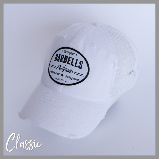 white mesh snapback hat with barbells and ponytails text