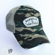 camo mesh ponytail hat with barbells and ponytails text