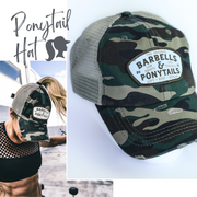 camo mesh ponytail hat with barbells and ponytails text