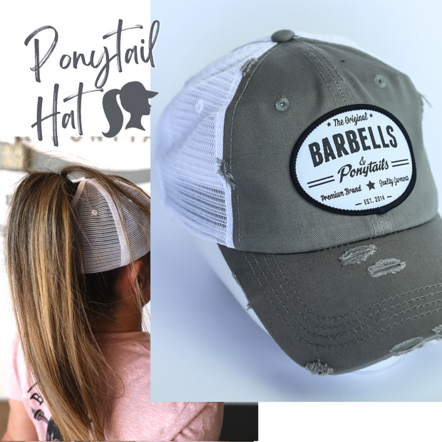 grey and white mesh ponytail hat with barbells and ponytails text