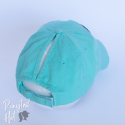 solid light blue ponytail hat with skulls and barbells text