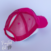 dark pink mesh ponytail hat with skulls and barbells text