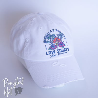 solid white ponytail hat with muscle beach design