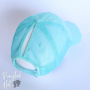light blue mesh ponytail hat with barbells and ponytails text