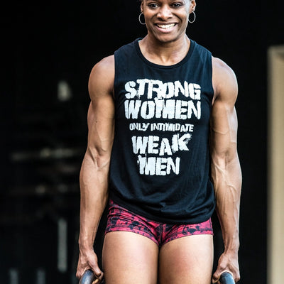 black muscle tank with white strong women text