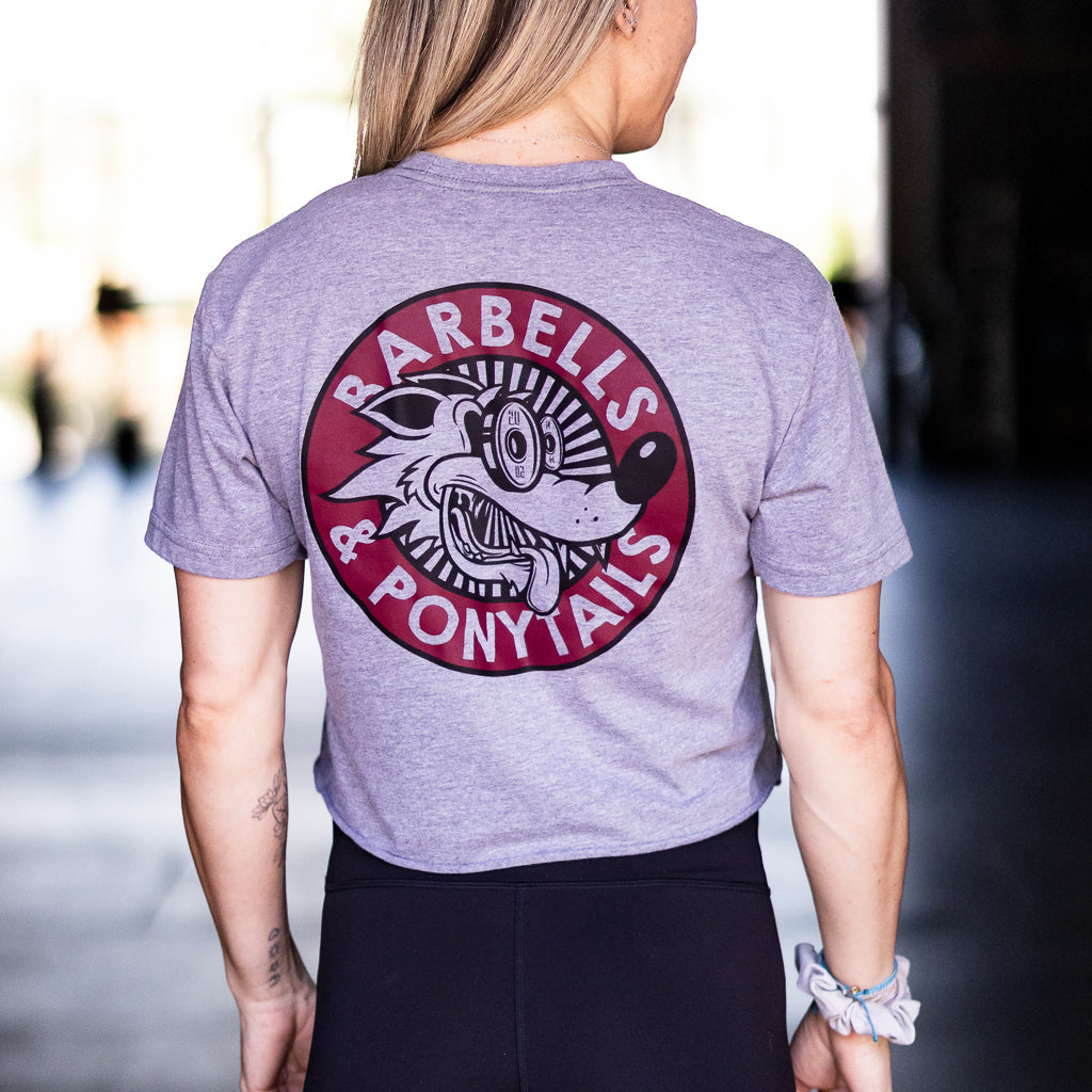 grey crop tee with maroon and black wolf design