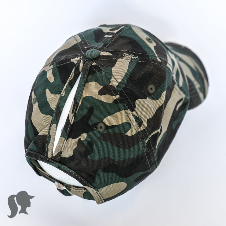 solid green camo ponytail hat with barbells and ponytails text