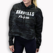 black camo crop hoodie with white text