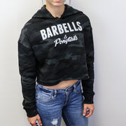 black camo crop hoodie with white text