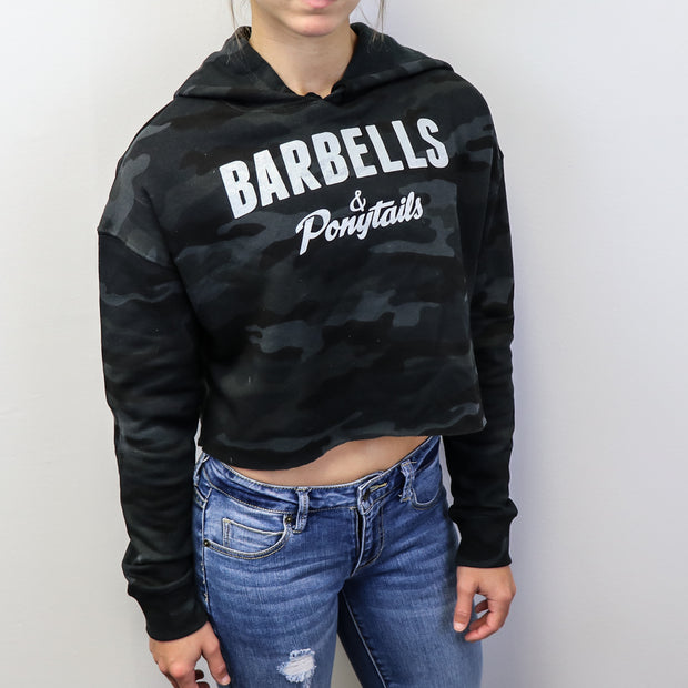 black camo crop hoodie with white text