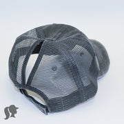 dark grey mesh ponytail hat with barbells and ponytails text