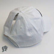 solid white ponytail hat with barbells and ponytails text