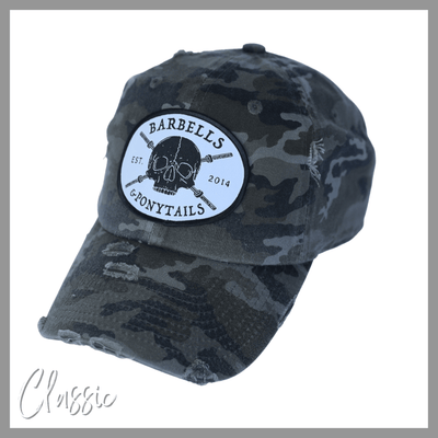 solid grey camo classic baseball hat with skulls and barbells text