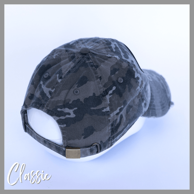 solid grey camo classic baseball hat with barbells and ponytails text