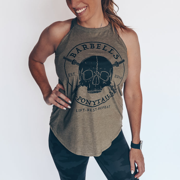 military green flowy high neck tank with black skulls and barbells design