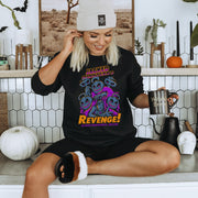 black crewneck sweatshirt with purple and orange design