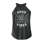 black flowy high neck tank with white shaka design