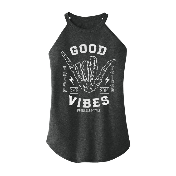 black flowy high neck tank with white shaka design